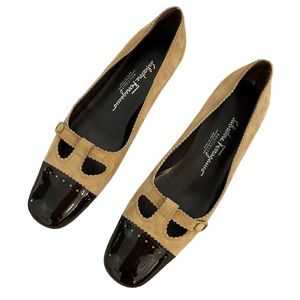 Salvatore Ferragamo suede color block pattern pumps brown/tan Sz 8 4A (AAAA) EUC